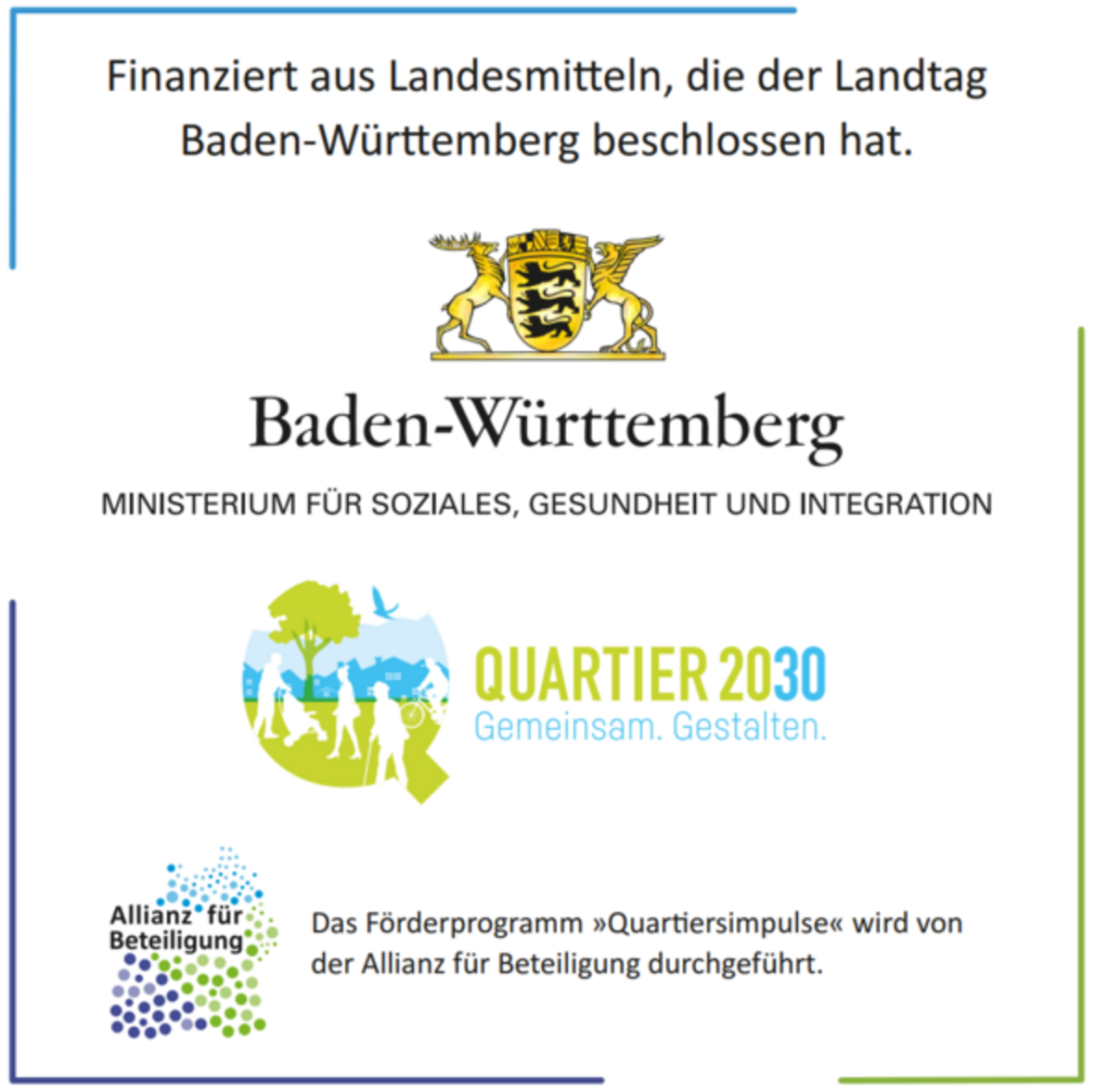 Logos Baden-Württemberg, Ministerium für soziales, Gesundheit und Integration; Quartier 2030; Allianz für Beteiligung